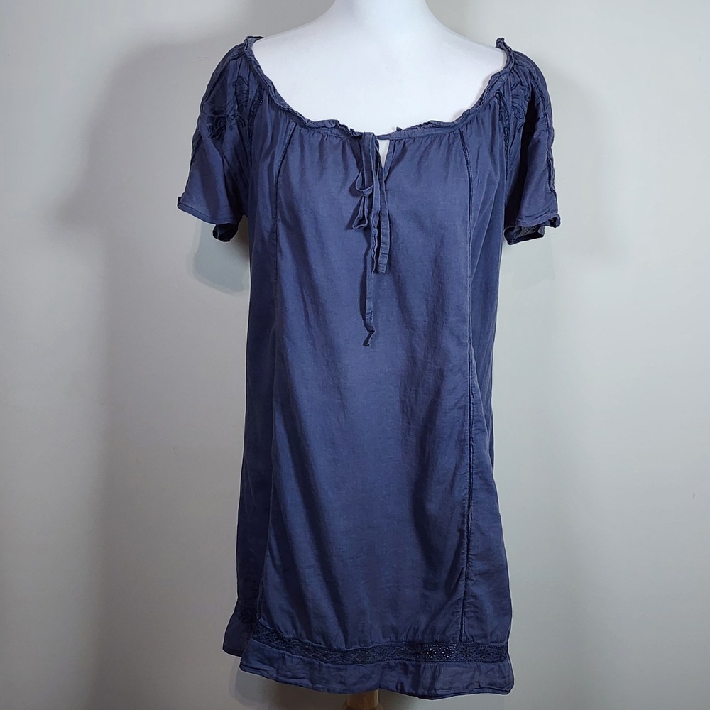 Embroidered Tunic Top Womens Medium Blue Cotton Peasant Boho Lightweight Flowy